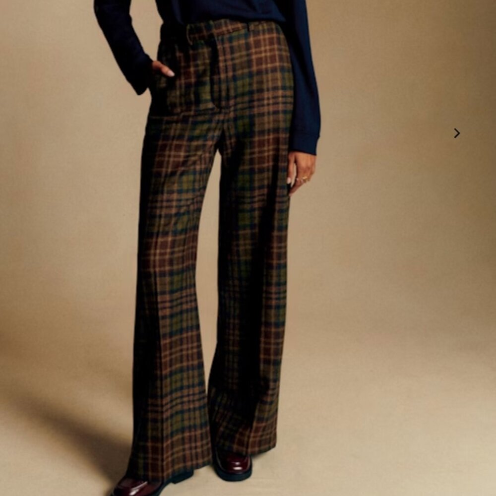 Sezane Matheo Trousers Khaki Brown Navy Beige Checks - Size 8